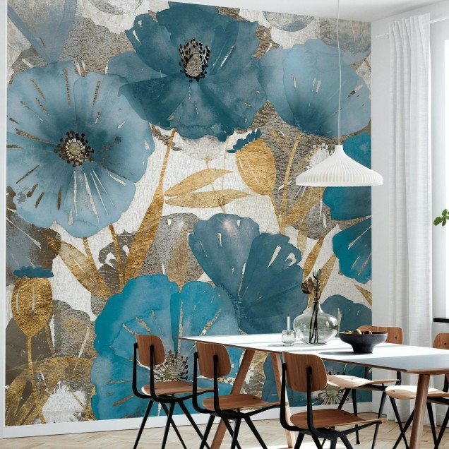 Tapet cu maci albastri si aurii, pictati in acuarela, pentru a adauga o nota de eleganta si rafinament in casa dumneavoastra.