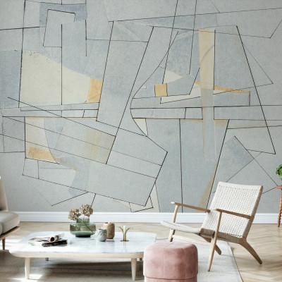 Tapet abstract cu design minimalist in nuante neutre de gri si galben pal, perfect pentru living sau camera de lucru