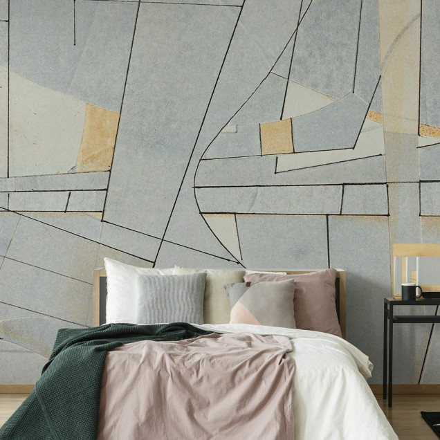 Tapet abstract cu design minimalist in nuante neutre de gri si galben pal, perfect pentru living sau camera de lucru
