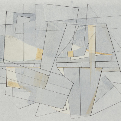 Tapet abstract cu design minimalist in nuante neutre de gri si galben pal, perfect pentru living sau camera de lucru