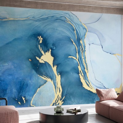 Tapet abstract Sea Whirl cu nuanțe de albastru și accente aurii, inspirat de apele mării.