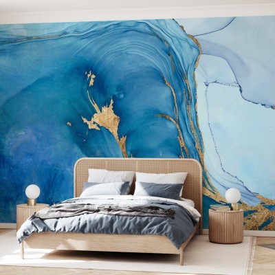 Sea Whirl II wallpaper, albastru cu aur, abstract, design modern