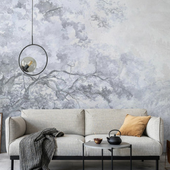 Fototapet cu design de pădure albastră într-o cameră de zi