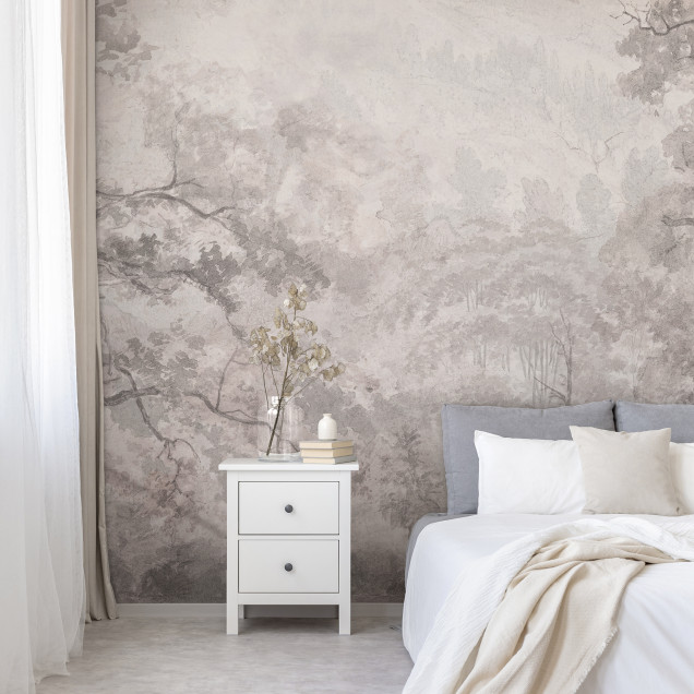 Fototapet cu design floral roz într-un dormitor elegant.