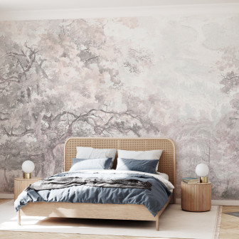 Fototapet cu design floral roz într-un dormitor elegant.