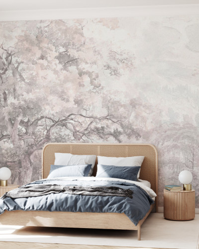 Fototapet cu design floral roz într-un dormitor elegant.