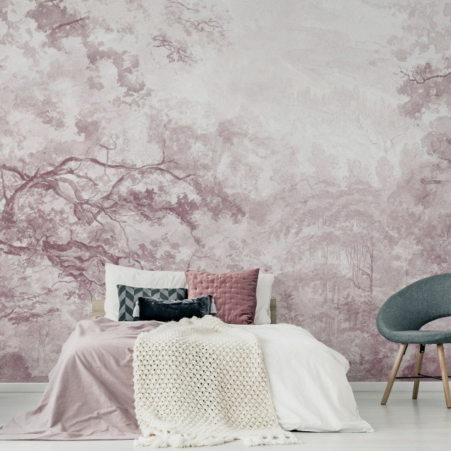Fototapet floral cu nuante de pruna intr-o bucatarie moderna