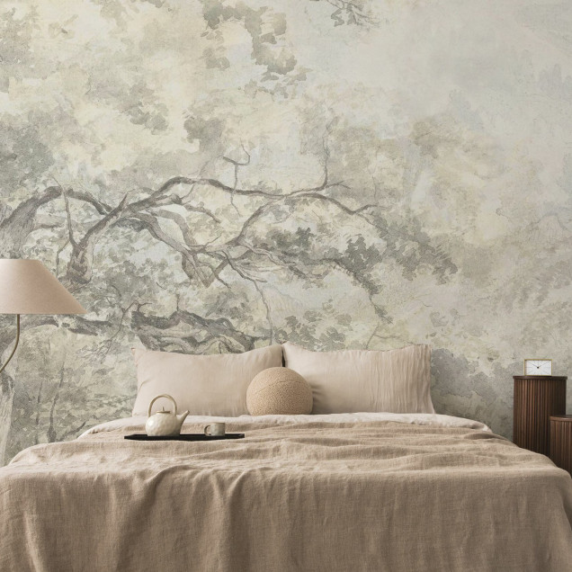 Fototapet decorativ cu design floral abstract în nuanțe de galben