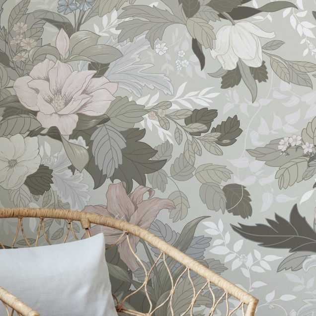 Imagine cu wallpaper floral, Allure, Forgotten Memories, cu flori delicate și culori pastelate, într-un living modern.