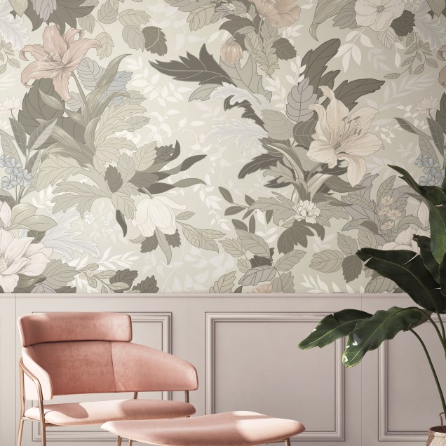 Imagine cu wallpaper floral, Allure, Forgotten Memories, cu flori delicate și culori pastelate, într-un living modern.