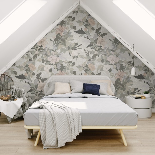 Imagine cu wallpaper floral, Allure, Forgotten Memories, cu flori delicate și culori pastelate, într-un living modern.