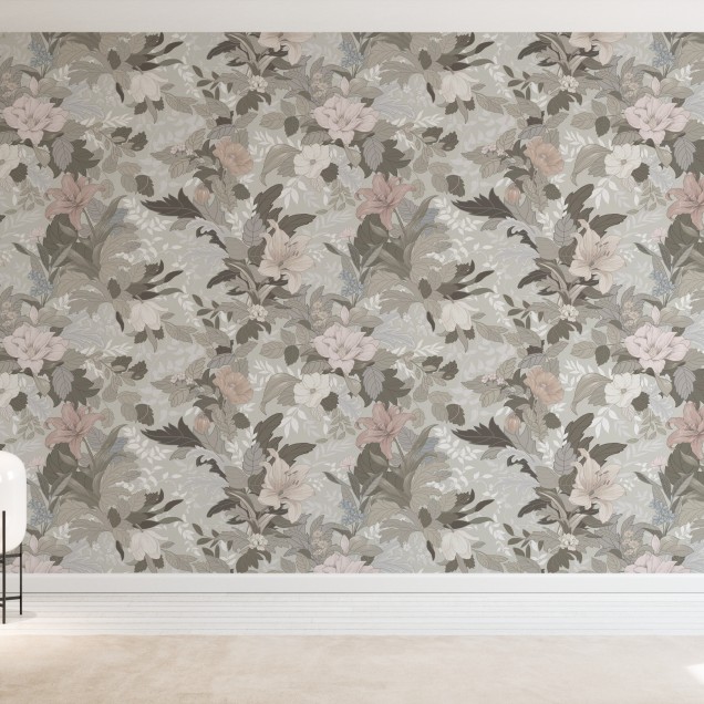 Imagine cu wallpaper floral, Allure, Forgotten Memories, cu flori delicate și culori pastelate, într-un living modern.