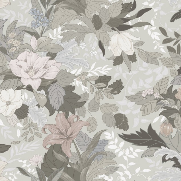 Imagine cu wallpaper floral, Allure, Forgotten Memories, cu flori delicate și culori pastelate, într-un living modern.