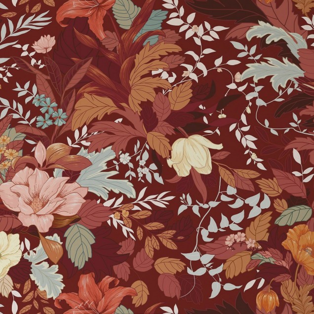 Tapet floral Allure, Jagger Orange, cu flori portocalii și roșii pe fond roșu