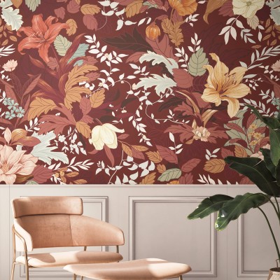 Tapet floral Allure, Jagger Orange, cu flori portocalii și roșii pe fond roșu