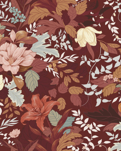 Tapet floral Allure, Jagger Orange, cu flori portocalii și roșii pe fond roșu
