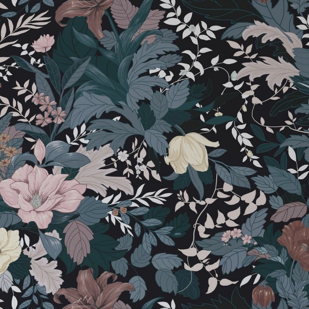 Tapet floral modern cu flori pastelate si frunze verzi inchise.