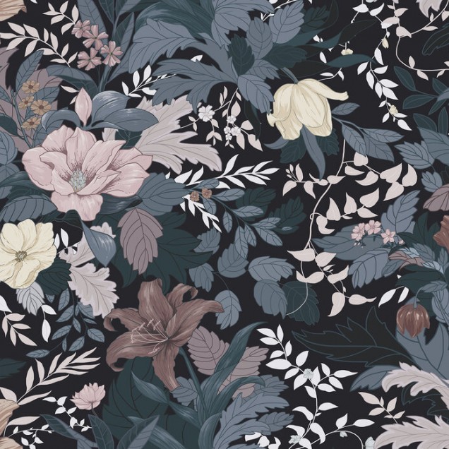 Tapet floral modern cu flori pastelate si frunze verzi inchise.