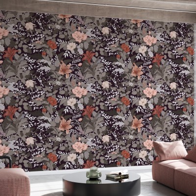 Tapet floral modern cu design elegant, cu flori roz, portocalii și gri pe fundal negru