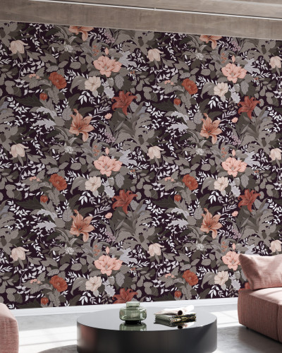 Tapet floral modern cu design elegant, cu flori roz, portocalii și gri pe fundal negru