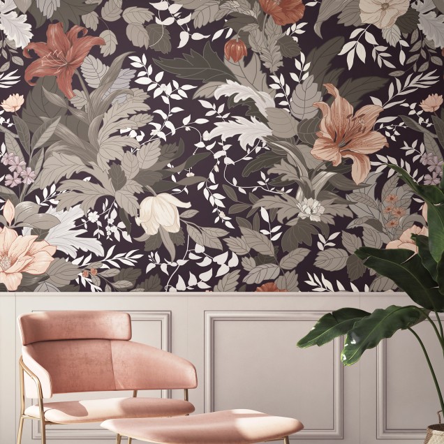 Tapet floral modern cu design elegant, cu flori roz, portocalii și gri pe fundal negru