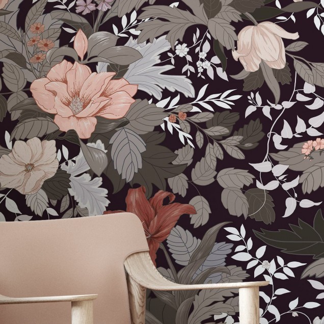 Tapet floral modern cu design elegant, cu flori roz, portocalii și gri pe fundal negru