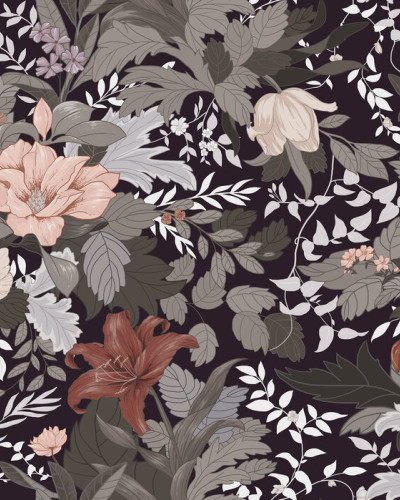 Tapet floral modern cu design elegant, cu flori roz, portocalii și gri pe fundal negru