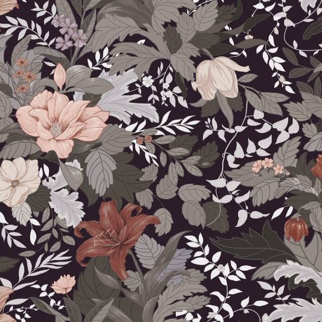 Tapet floral modern cu design elegant, cu flori roz, portocalii și gri pe fundal negru