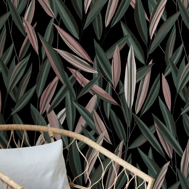 Window View, roz și verde, cu frunze delicate pe fundal negru, decorativ pentru pereți