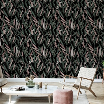 Window View, roz și verde, cu frunze delicate pe fundal negru, decorativ pentru pereți