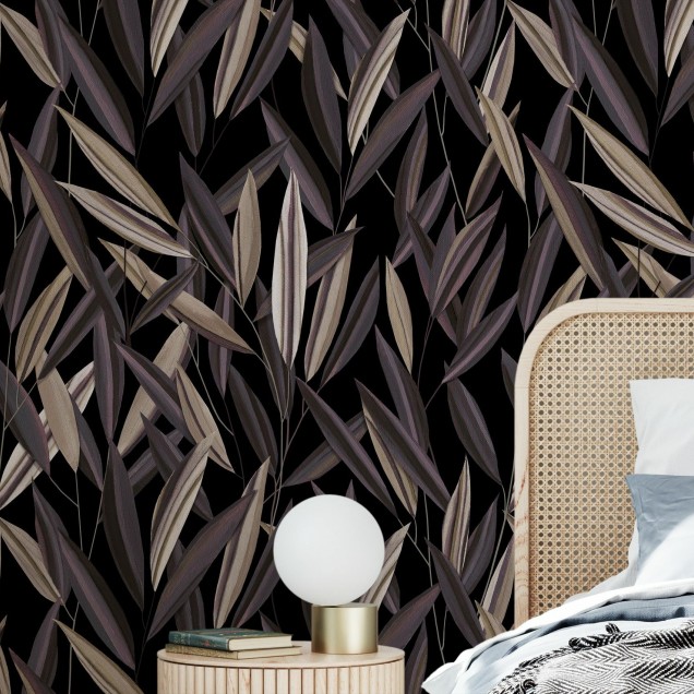 Wallpaper modern cu design elegant de frunze în tonuri de prune