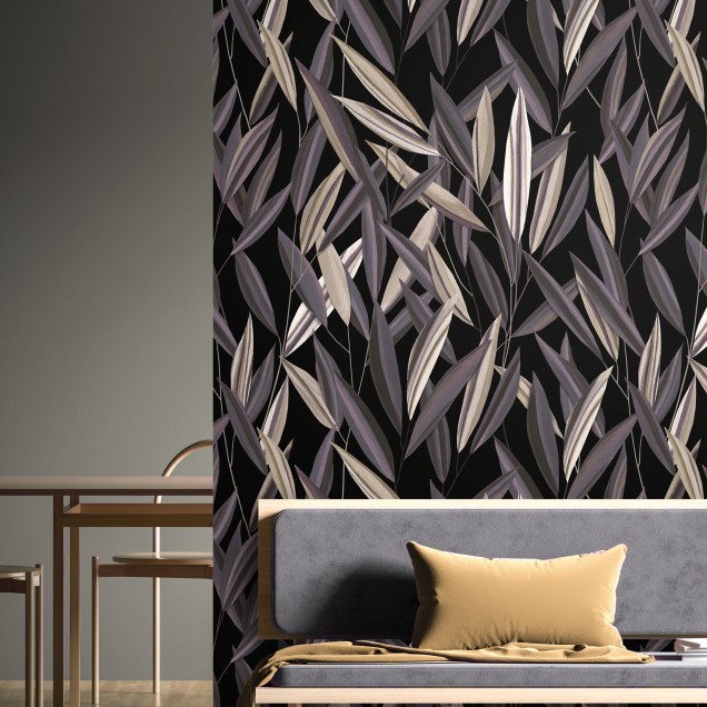 Wallpaper modern cu design elegant de frunze în tonuri de prune