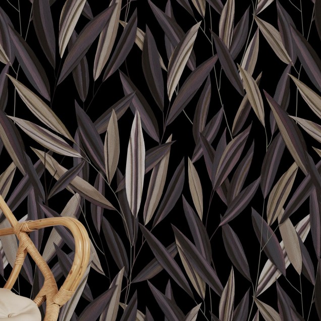 Wallpaper modern cu design elegant de frunze în tonuri de prune