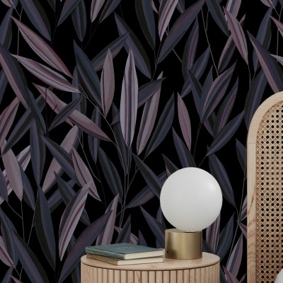 Tapet cu design minimalist, Window View, Purple, cu frunze delicate în nuanțe de purpuriu pe un fundal negru.