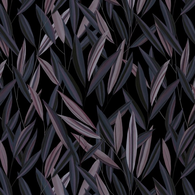 Tapet cu design minimalist, Window View, Purple, cu frunze delicate în nuanțe de purpuriu pe un fundal negru.