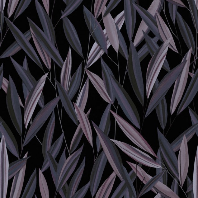 Tapet cu design minimalist, Window View, Purple, cu frunze delicate în nuanțe de purpuriu pe un fundal negru.