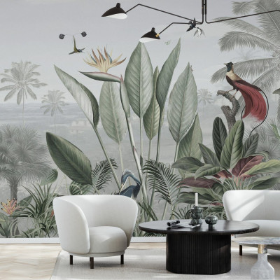 Wallpaper cu design tropical, cu palmieri, flori și păsări exotice
