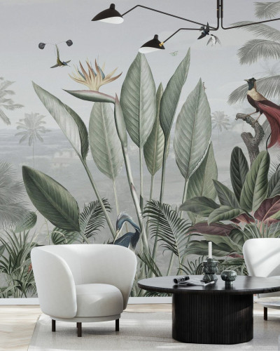 Wallpaper cu design tropical, cu palmieri, flori și păsări exotice