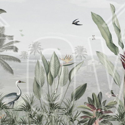 Wallpaper cu design tropical, cu palmieri, flori și păsări exotice