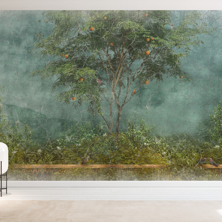 Fototapet Old Frayed Painted Wall III, cu design rustic cu un copac cu fructe, perfect pentru a adăuga o notă de eleganță spațiului tău.