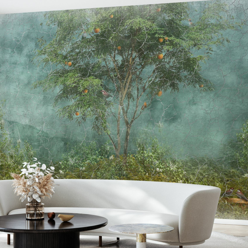 Fototapet Old Frayed Painted Wall III, cu design rustic cu un copac cu fructe, perfect pentru a adăuga o notă de eleganță spațiului tău.