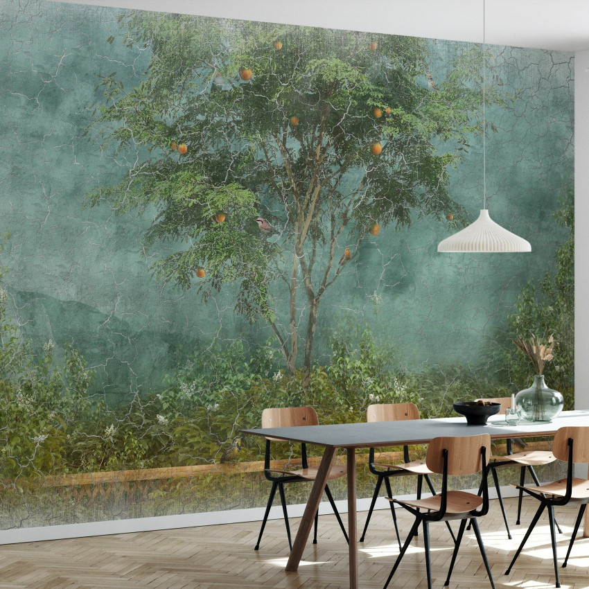 Fototapet Old Frayed Painted Wall III, cu design rustic cu un copac cu fructe, perfect pentru a adăuga o notă de eleganță spațiului tău.