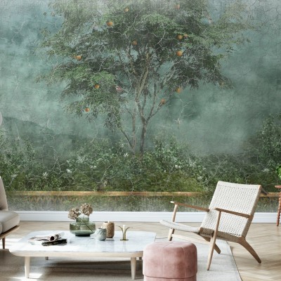 Tapet cu design vintage, Old Frayed Painted Wall II, cu un copac plin de fructe pe un fundal verde cu aspect uzat.