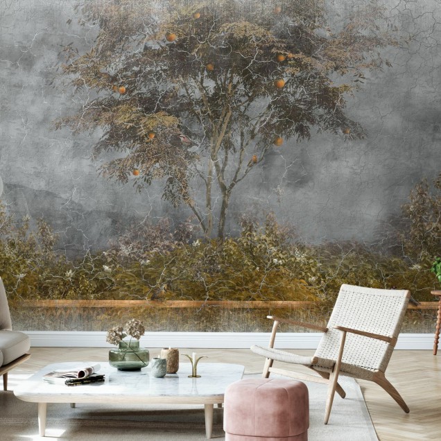 Fototapet Old Frayed Painted Wall III, cu design rustic cu un copac cu fructe, perfect pentru a adăuga o notă de eleganță spațiului tău.