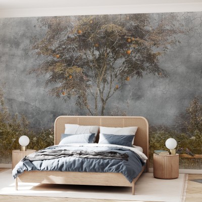 Fototapet Old Frayed Painted Wall III, cu design rustic cu un copac cu fructe, perfect pentru a adăuga o notă de eleganță spațiului tău.