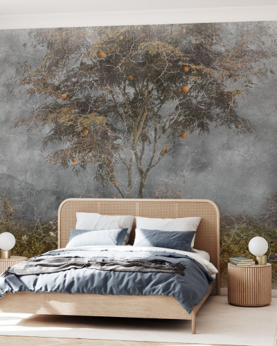 Fototapet Old Frayed Painted Wall III, cu design rustic cu un copac cu fructe, perfect pentru a adăuga o notă de eleganță spațiului tău.