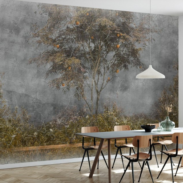 Fototapet Old Frayed Painted Wall III, cu design rustic cu un copac cu fructe, perfect pentru a adăuga o notă de eleganță spațiului tău.