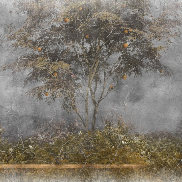 Fototapet Old Frayed Painted Wall III, cu design rustic cu un copac cu fructe, perfect pentru a adăuga o notă de eleganță spațiului tău.