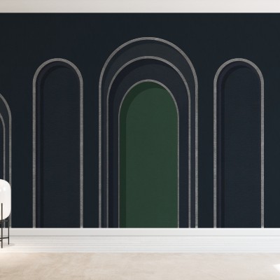 Tapet cu design abstract minimalist, cu un aranjament de arcuri suprapuse, realizat în nuanțe de albastru închis și verde.