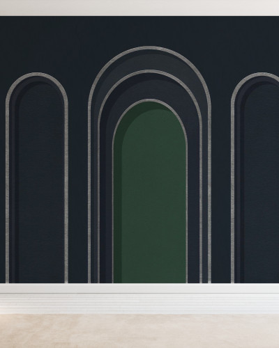 Tapet cu design abstract minimalist, cu un aranjament de arcuri suprapuse, realizat în nuanțe de albastru închis și verde.
